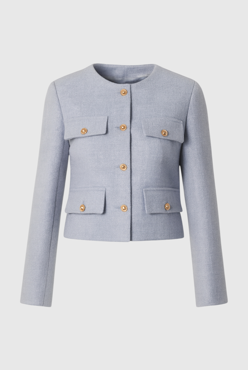 Light blue women's short jacket from Lumina Wear, stylish and versatile design, perfect for casual and semi-formal wear.