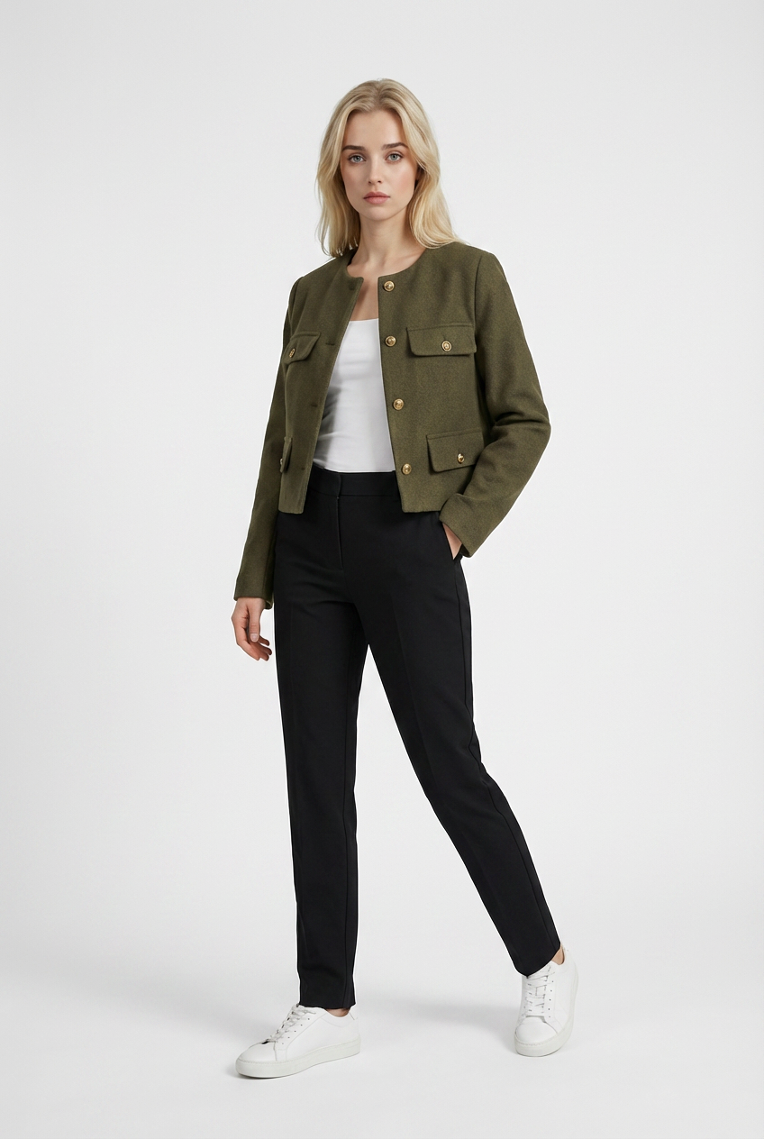 Olive green women's short jacket from Lumina Wear, stylish with versatile design and lightweight fabric.