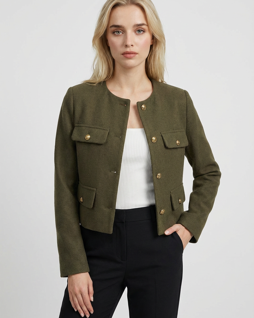 Olive green short jacket by Lumina Wear featuring versatile stylish design, perfect for women’s casual and layered outfits.