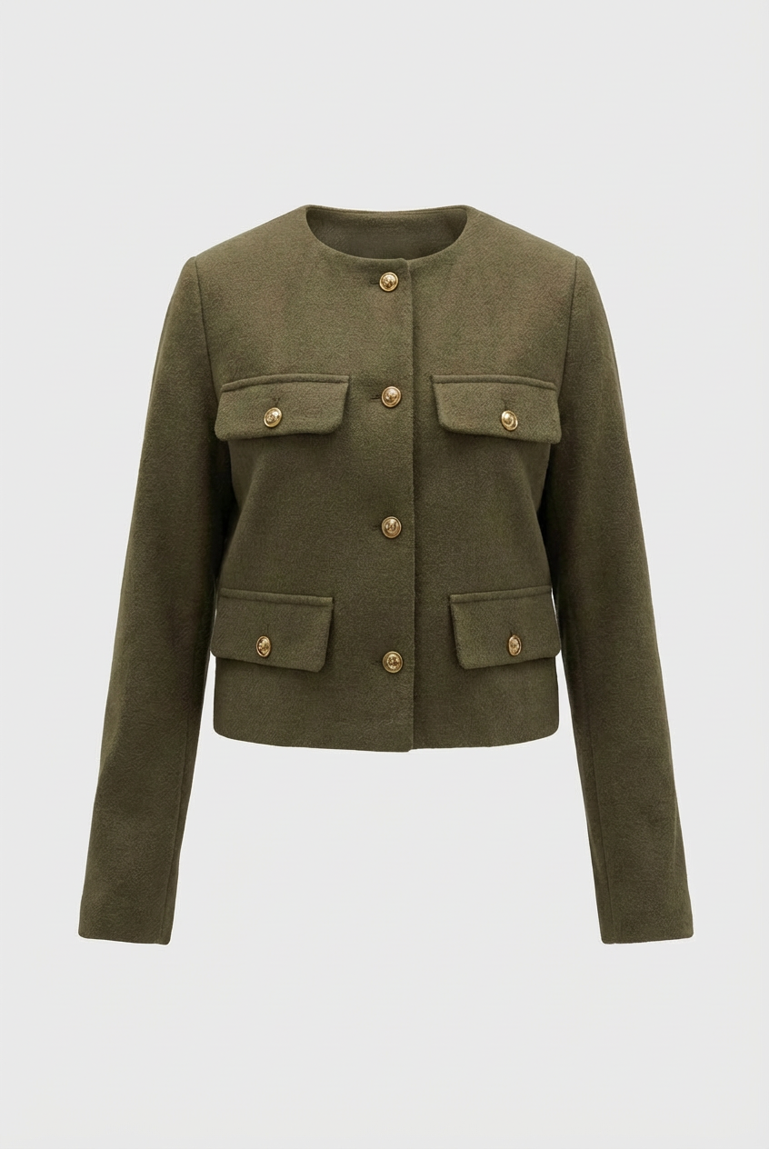 Olive green women's short jacket by Lumina Wear, stylish and versatile with a modern design, perfect for casual wear.