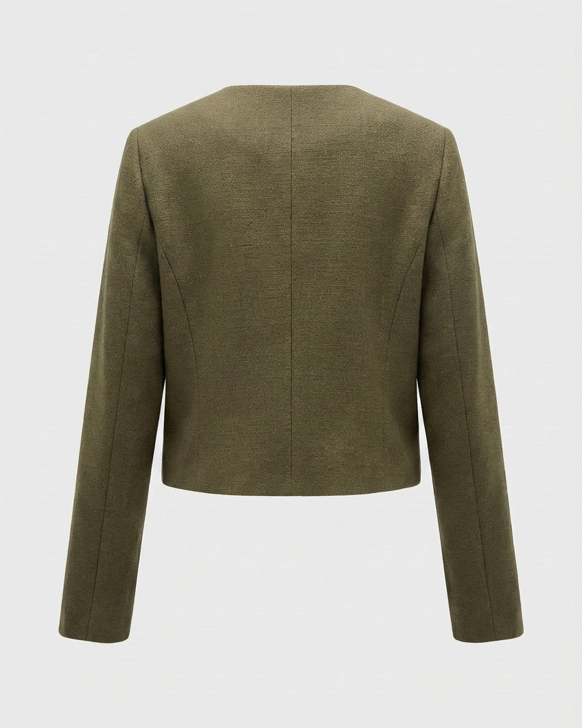 Olive green Lumina Wear Victoria short jacket with versatile design, stylish fit, and lightweight fabric for women.