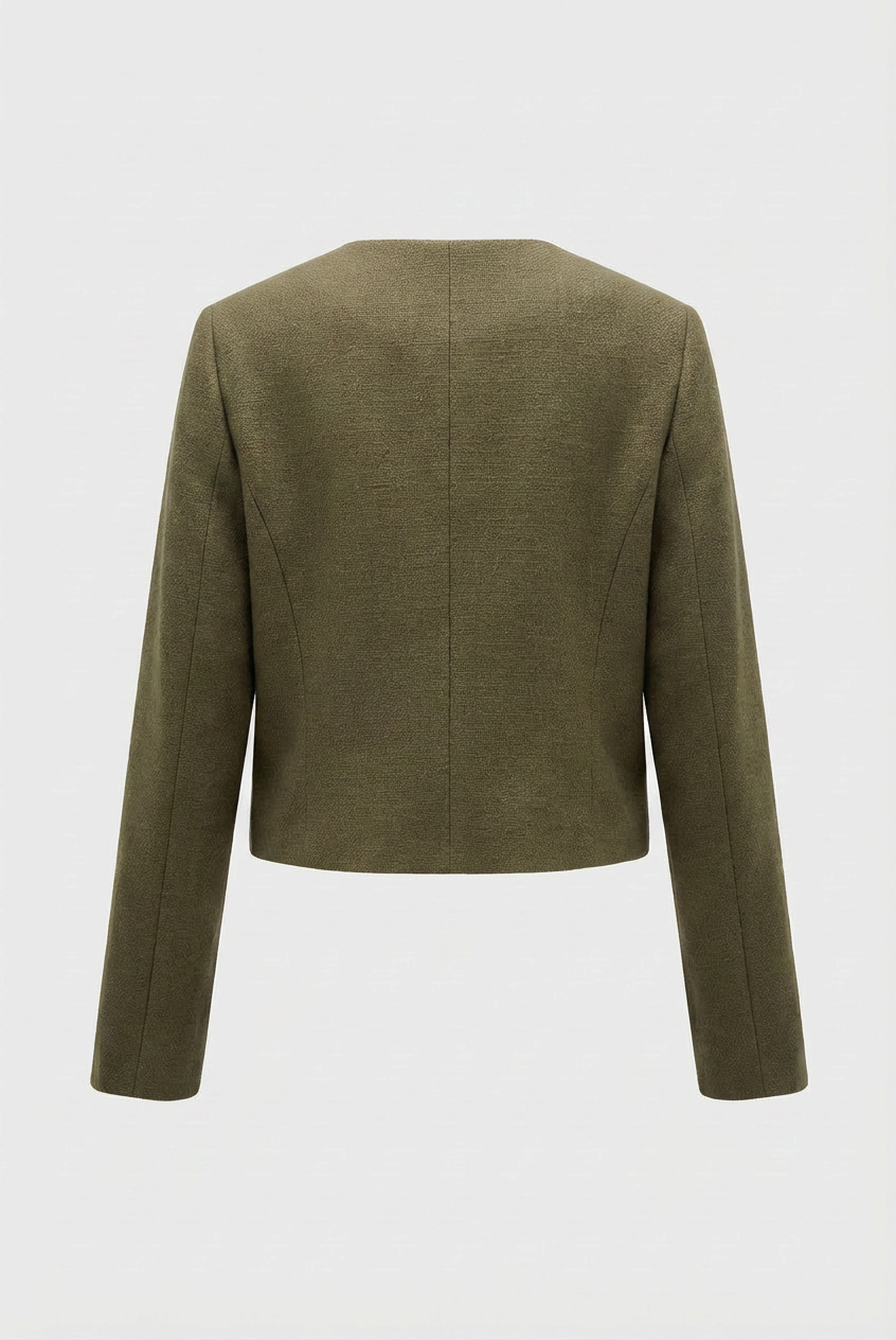 Olive green women's short jacket by Lumina Wear, stylish with versatile design, perfect for casual or semi-formal wear.