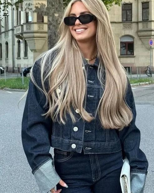 Lumina Wear Victoria women's tailored cropped jacket and pants set in dark denim blue with a modern silhouette, size XS.
