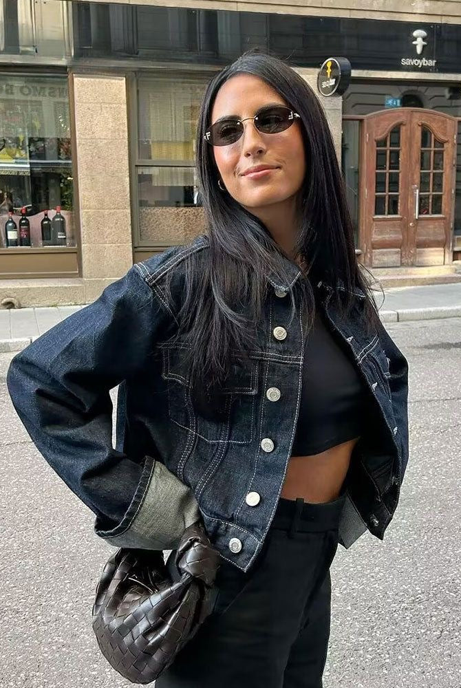 Victoria tailored cropped jacket and pants set in dark denim blue by Lumina Wear, featuring a modern silhouette for women.