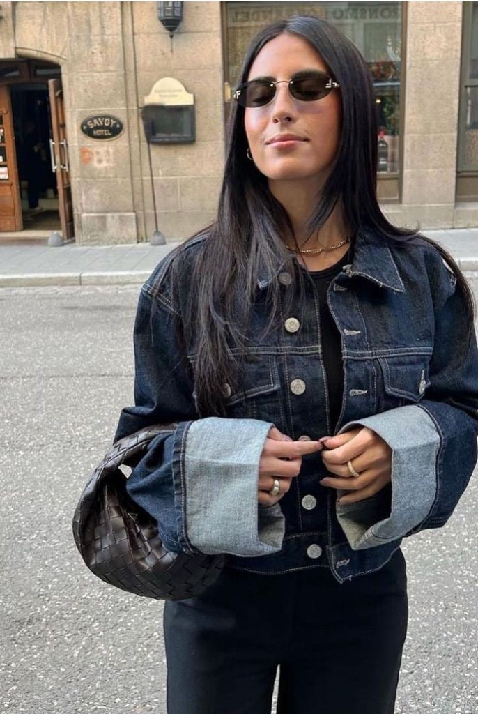 Victoria women's tailored cropped jacket and pants set in dark denim blue by Lumina Wear, featuring a modern silhouette.