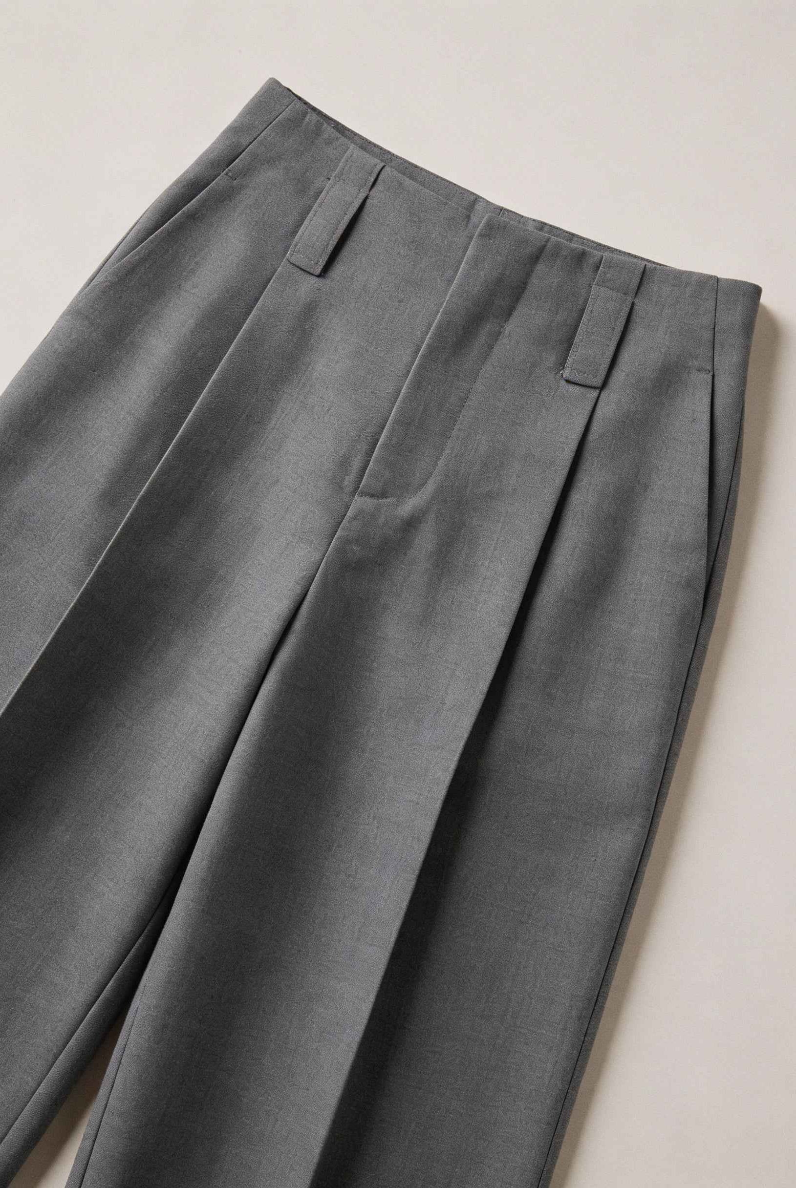 Victoria tailored gray pleated trousers with stretch comfort from Lumina Wear, featuring a sleek fit and classic design.