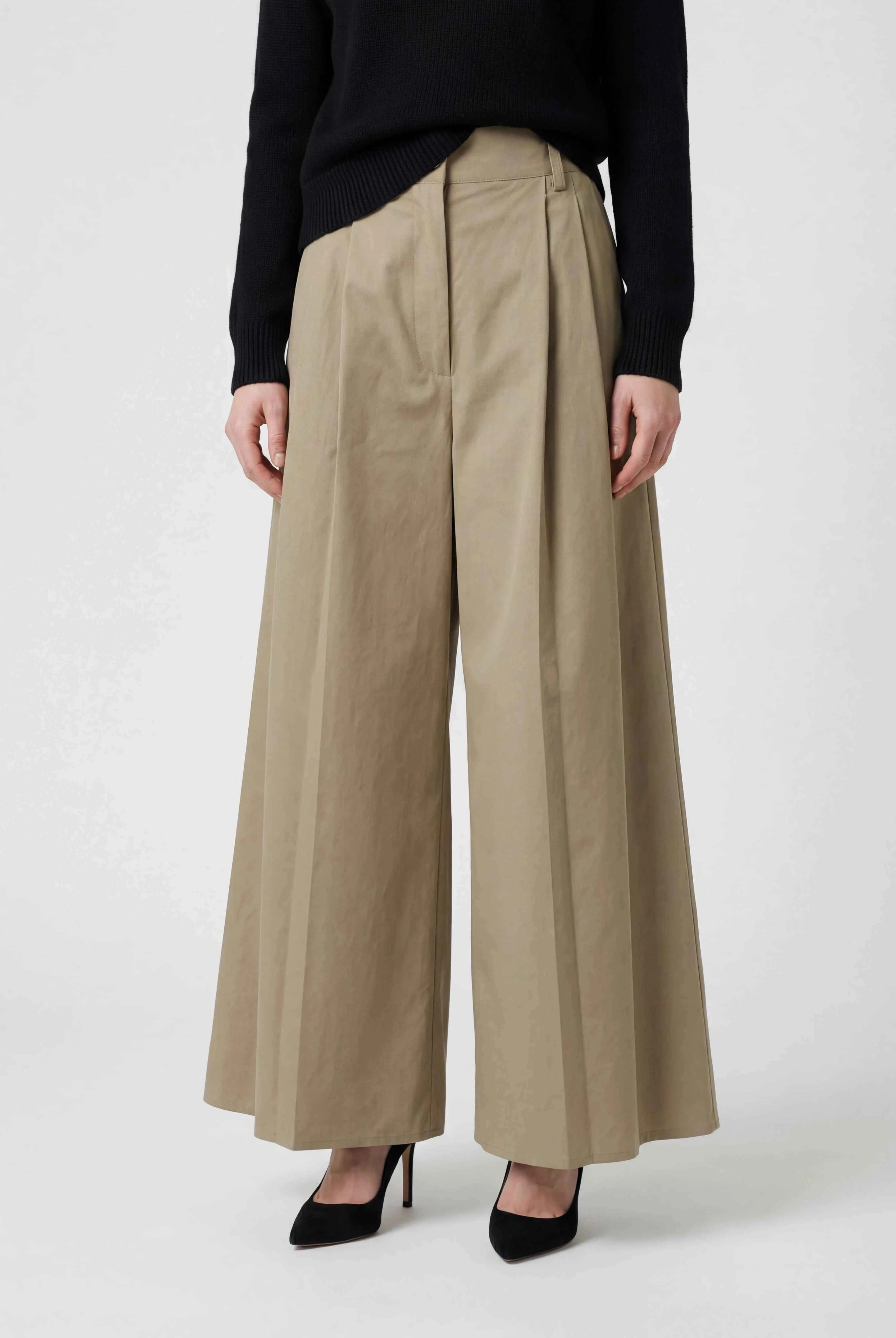Khaki Victoria Lumina Wear high waist tailored flowy palazzo pants for women, showcasing wide-leg relaxed fit.