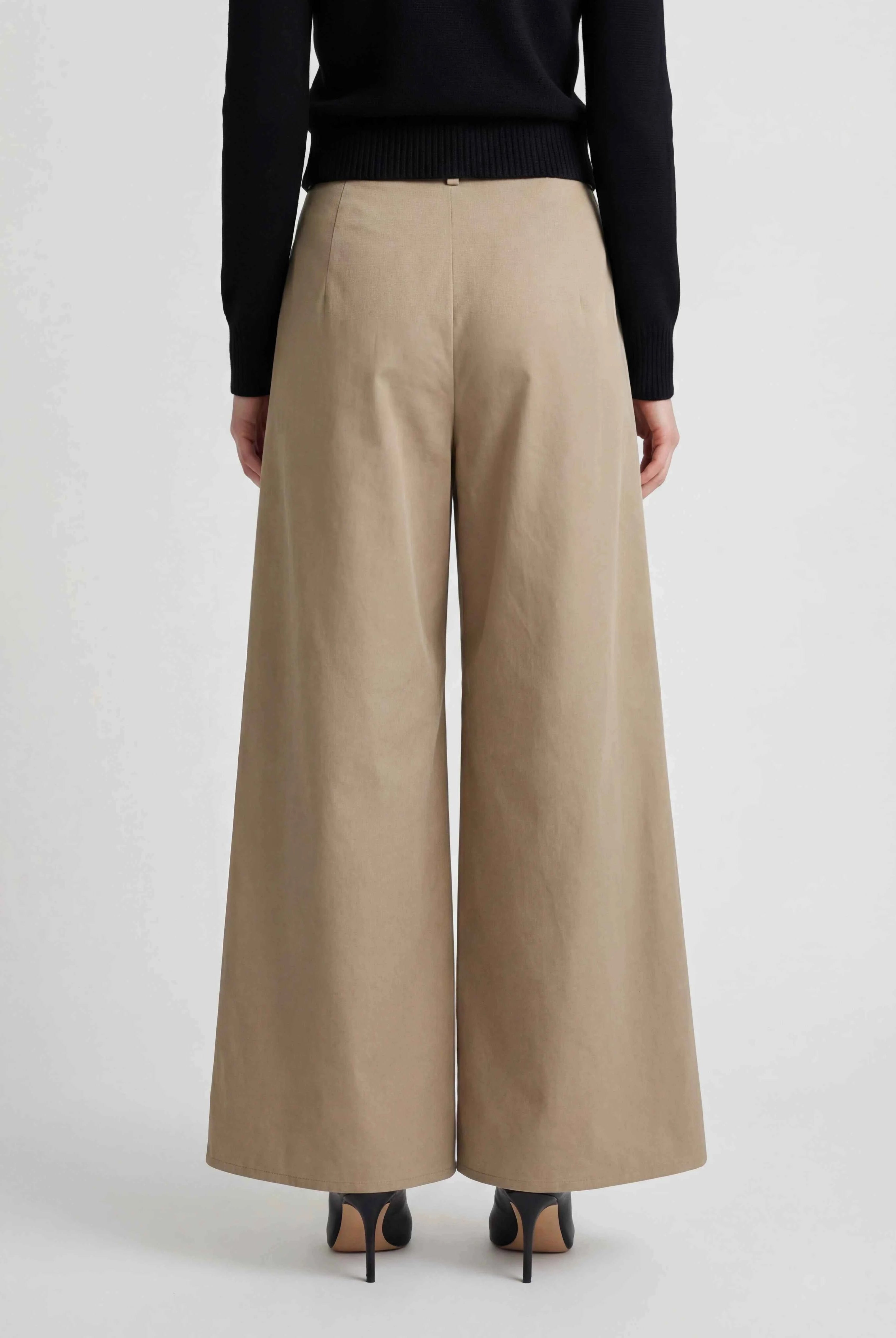 Khaki high waist flowy Palazzo Pants for women by Lumina Wear, tailored with a relaxed, wide-leg fit and elegant drape.