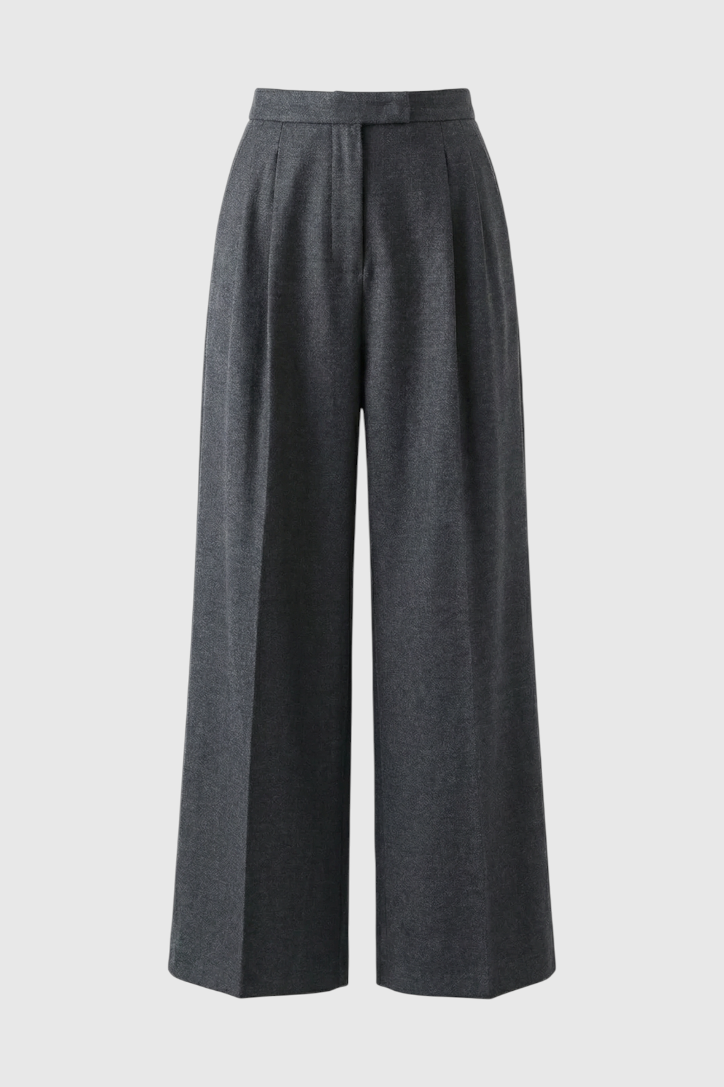 Victoria Lumina high-waisted gray trousers with elegant draping, tailored fit, and slim silhouette, perfect for sophisticated office wear.