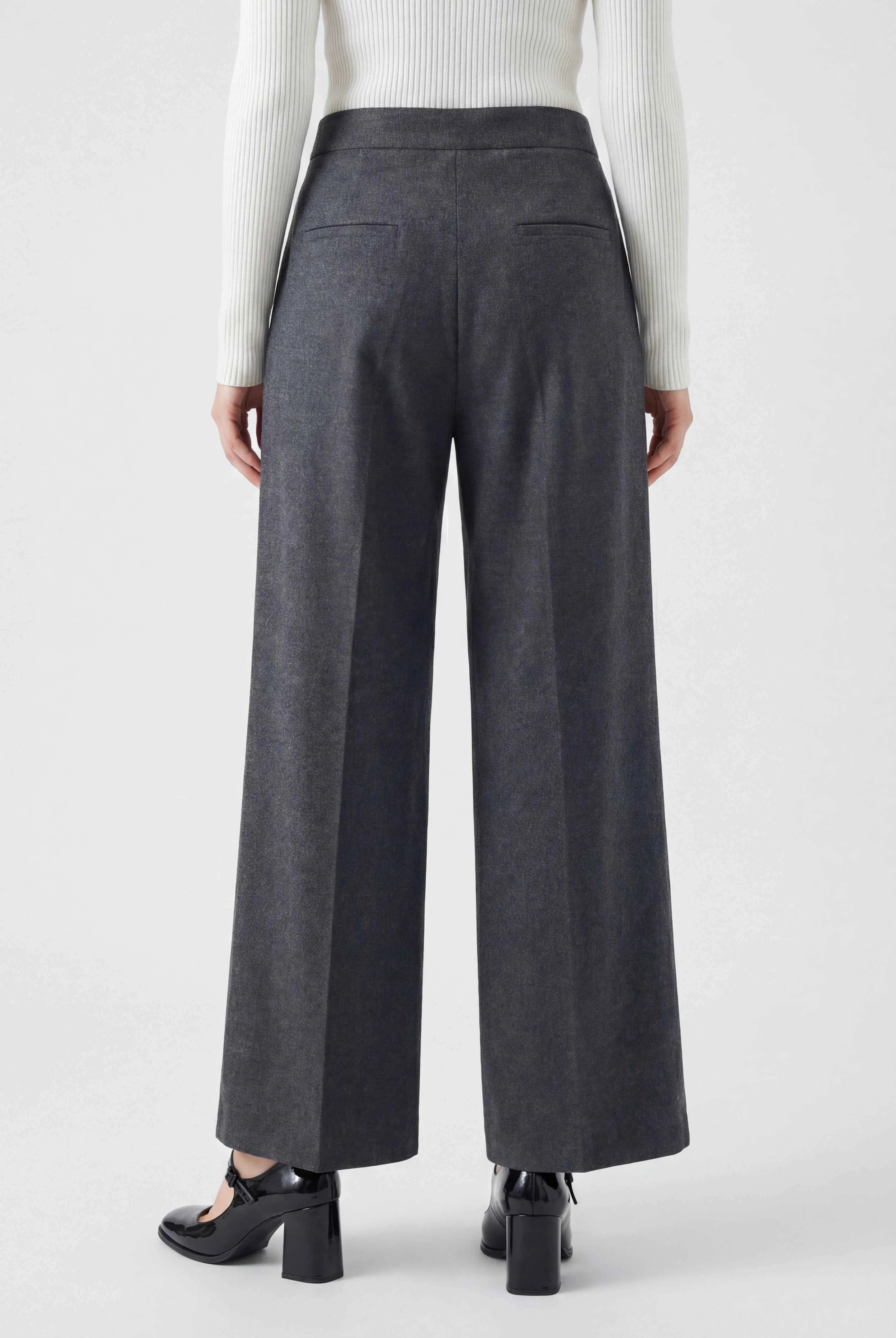 Victoria high-waisted gray trousers by Lumina Wear featuring tailored fit and elegant draping, shown on a model.