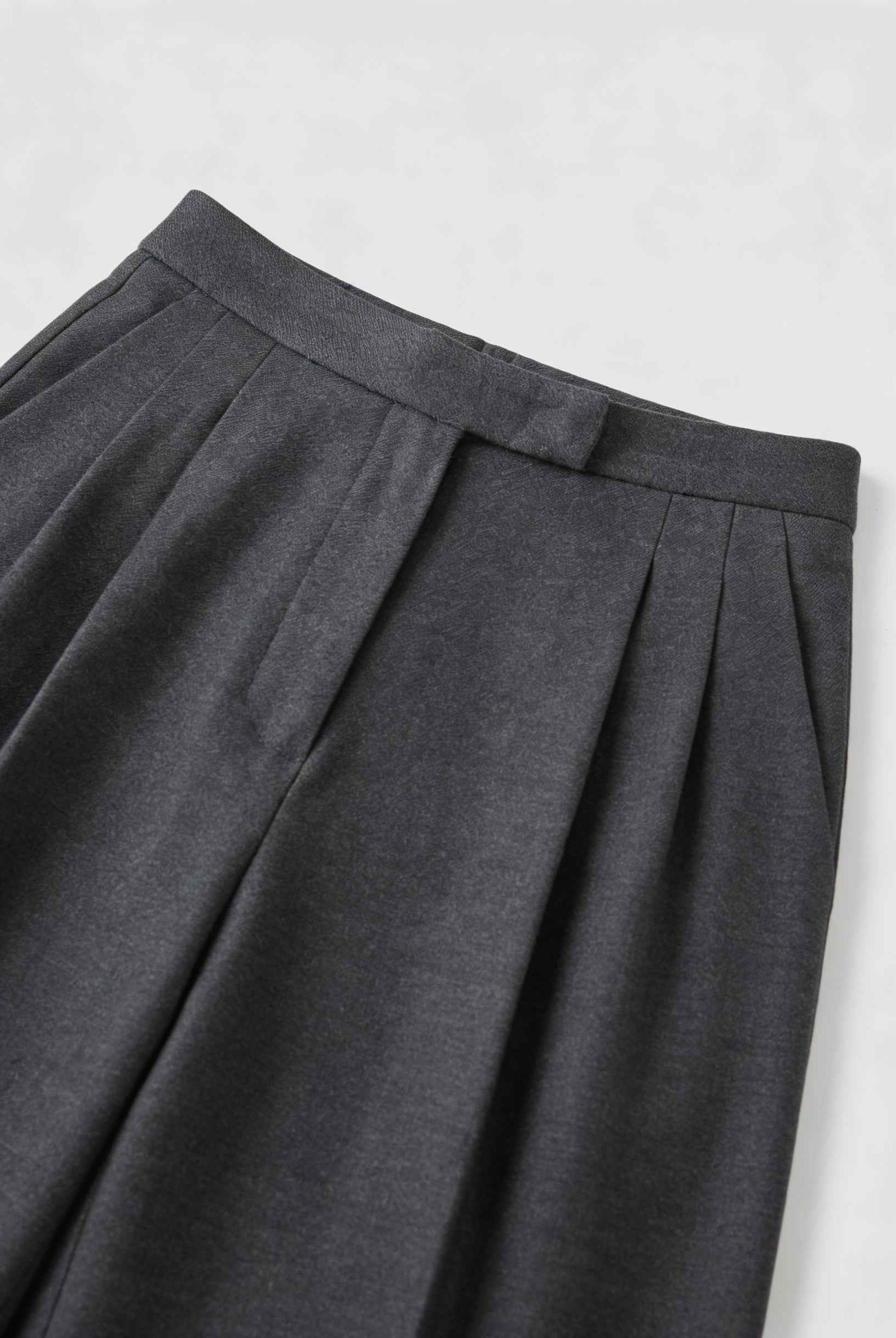 Victoria Lumina gray high-waisted trousers with elegant draping, tailored fit, and slim silhouette in XS size.