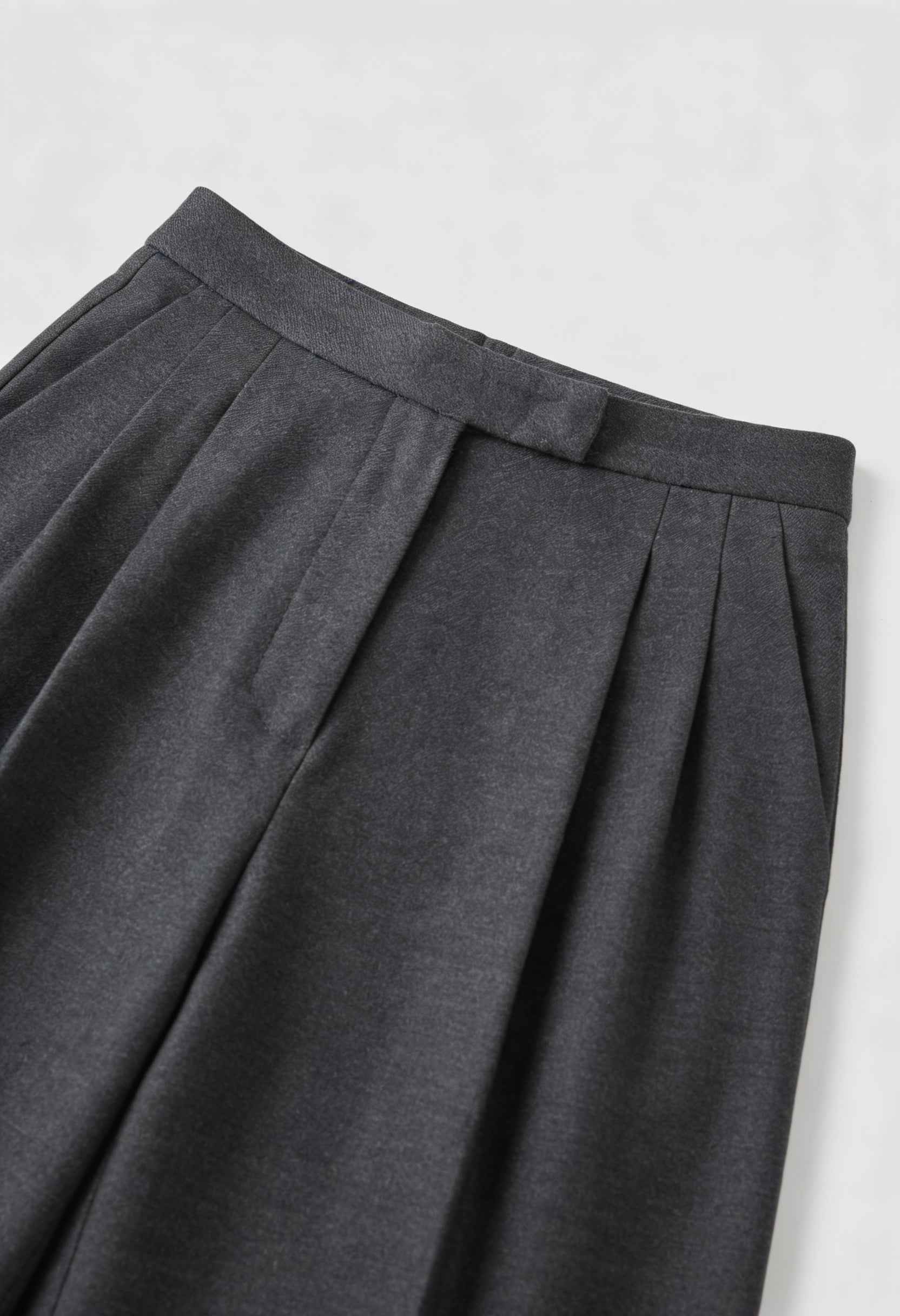 Victoria Lumina gray high-waisted trousers with elegant draping, tailored fit, and slim silhouette in XS size.