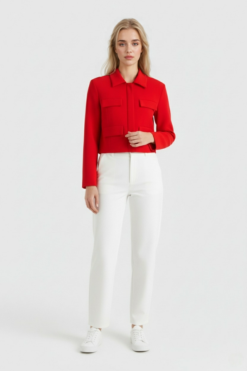 Red Lumina Wear Victoria women's cropped button jacket with flattering fit, shown on a model. Stylish outerwear for trendy looks.