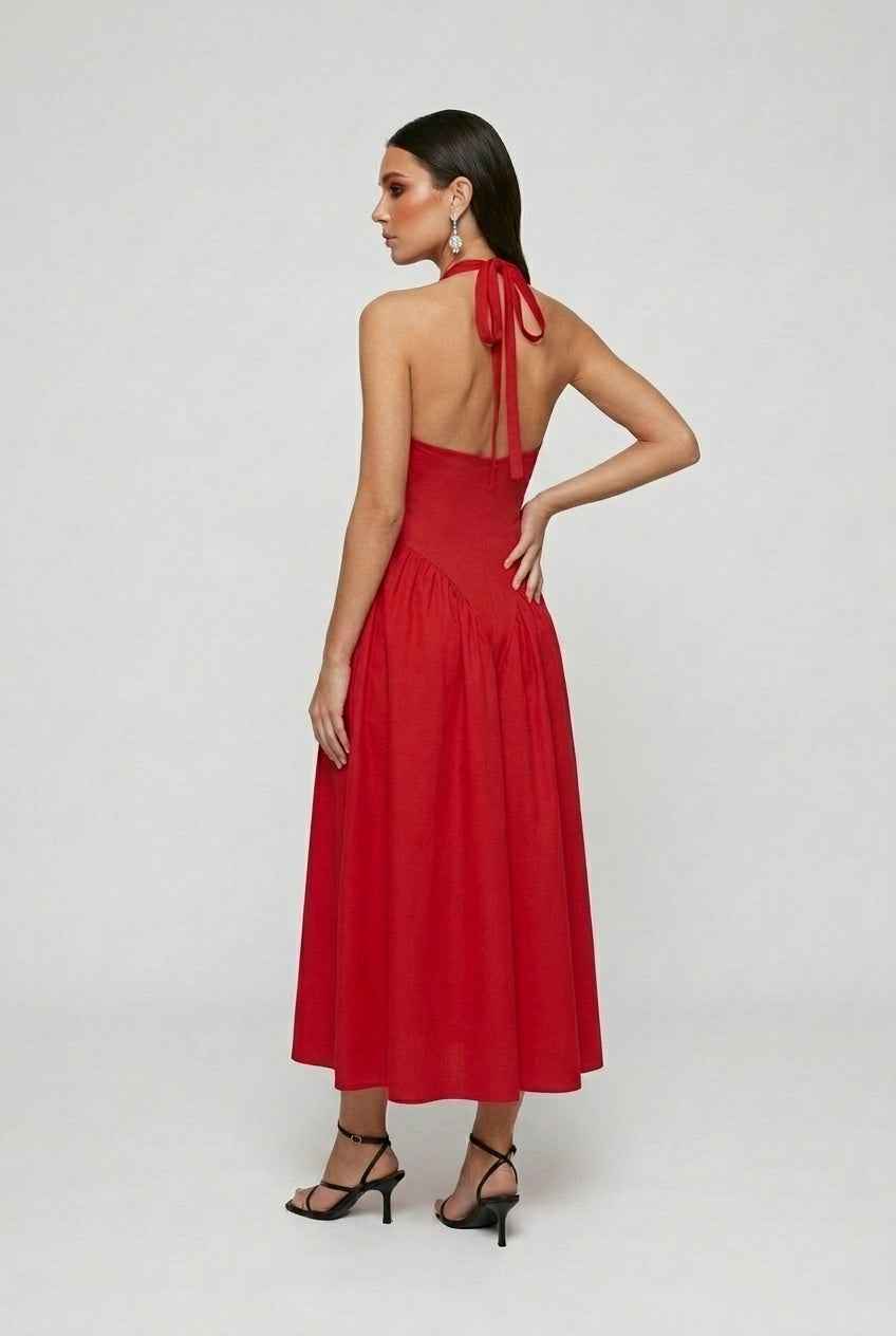Victoria vibrant red midi cocktail dress by Lumina Wear featuring a sculpted fit and elegant design.