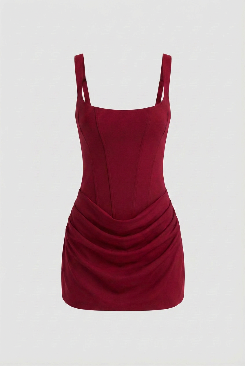 Victoria vibrant red mini dress with corset design by Lumina Wear, featuring fitted bodice and stylish neckline for women.