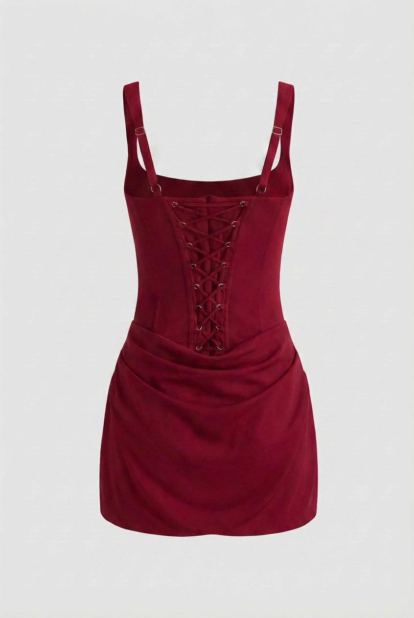 Victoria vibrant red mini dress with corset design by Lumina Wear, featuring a fitted silhouette and stylish details.