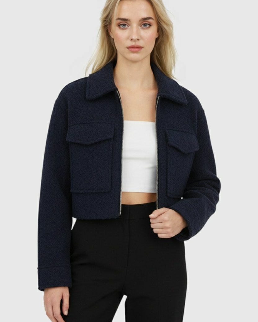 Victoria vintage navy zip jacket with classic lapel by Lumina Wear, shown in navy blue, front view with zip closure and tailored fit.