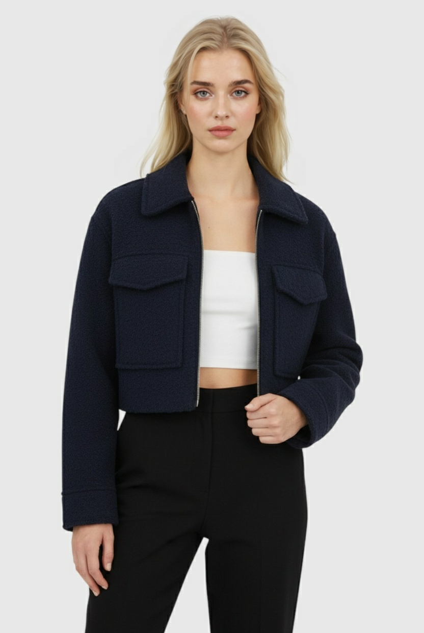 Victoria vintage navy zip jacket with classic lapel by Lumina Wear, displayed on a mannequin in navy blue.