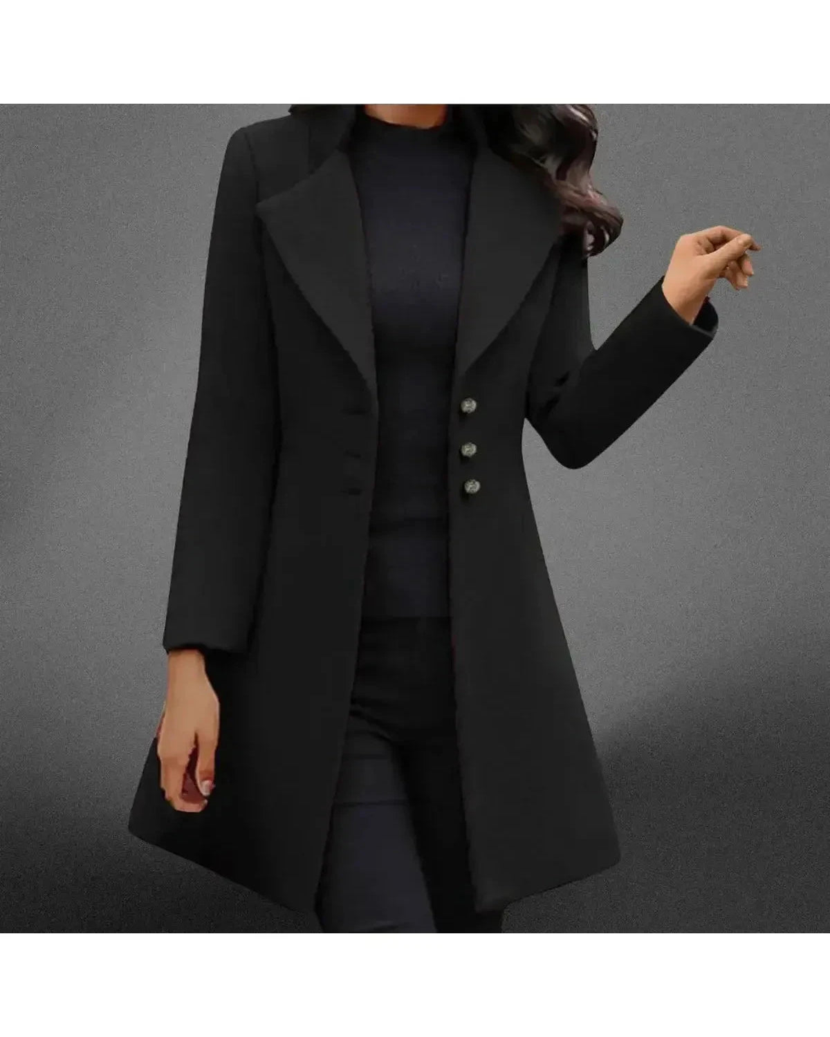 Luxurious black Italian-inspired long sleeve coat by Lumina Wear, stylish and elegant with a tailored fit.