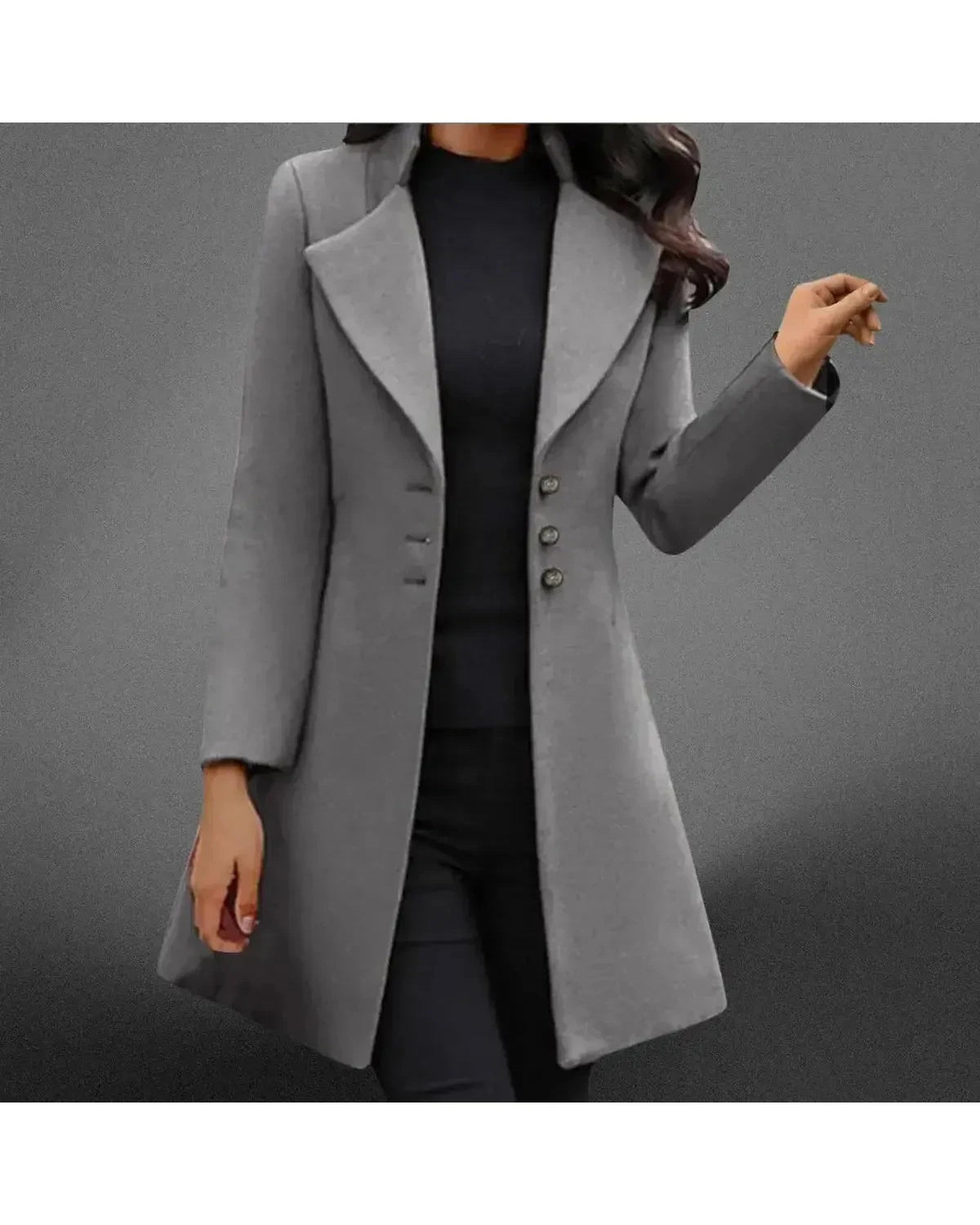 Black Vinci long sleeve coat by Lumina Wear featuring Italian-inspired luxurious wool fabric and elegant tailoring.