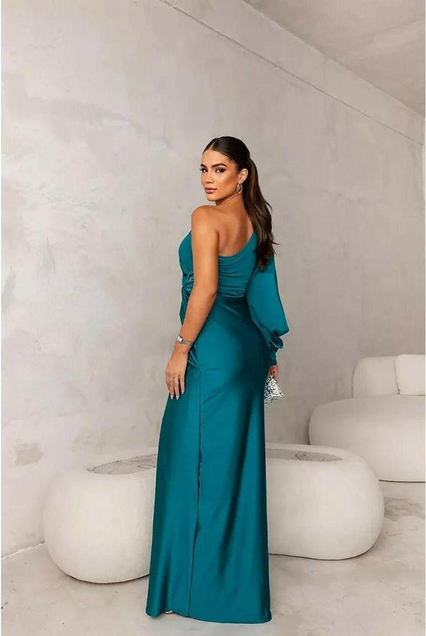 Violet Lumina Vancouver evening maxi dress in teal, flowing fabric, elegant design, perfect for formal occasions.