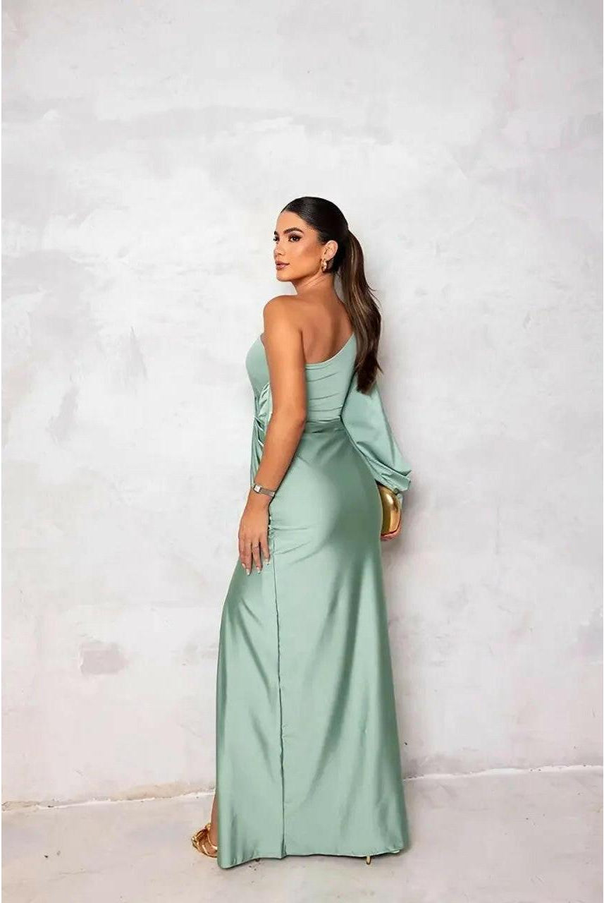 Violet Lumina Vancouver evening maxi dress in teal, featuring elegant flowy fabric and a stylish design for special occasions.