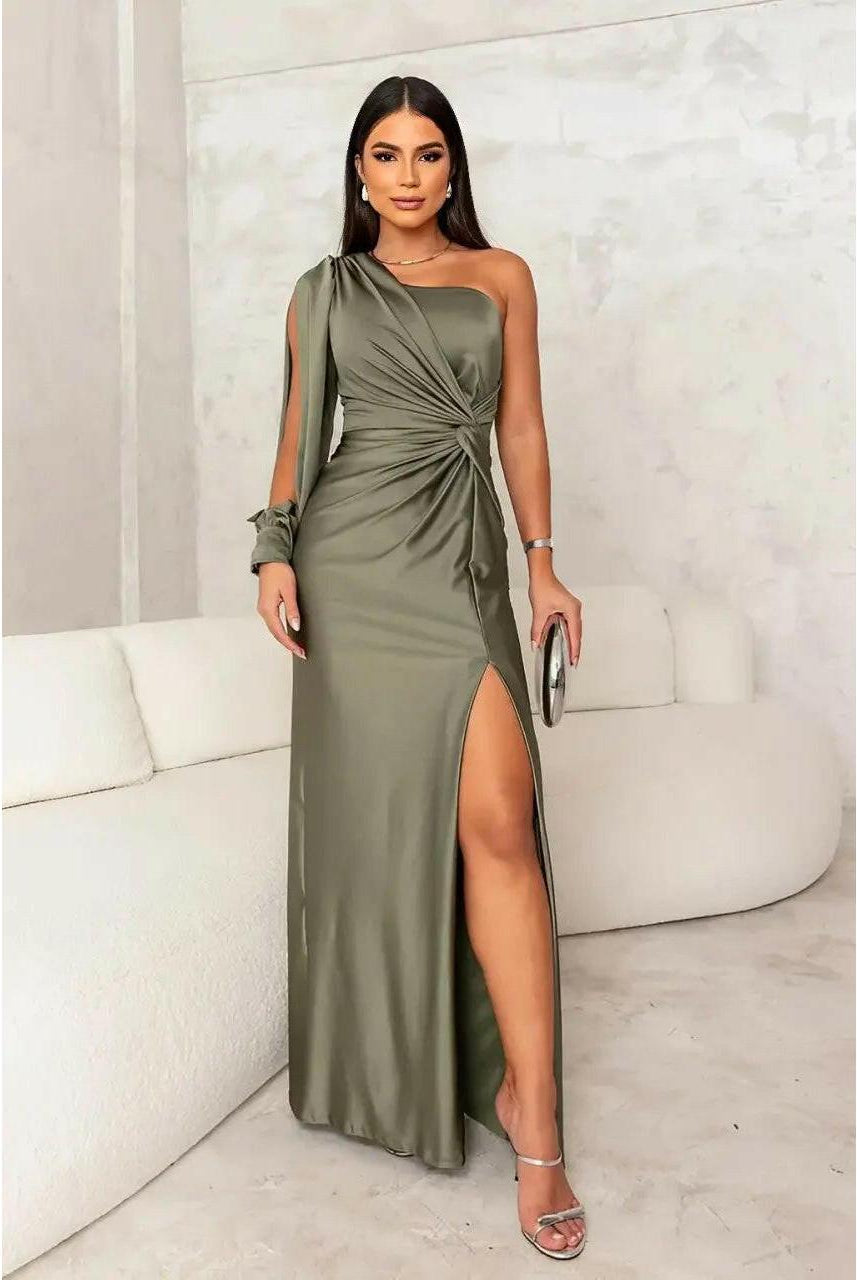 Violet Lumina Vancouver evening maxi dress in teal, flowing fabric, with elegant design and sleeveless style for formal occasions.