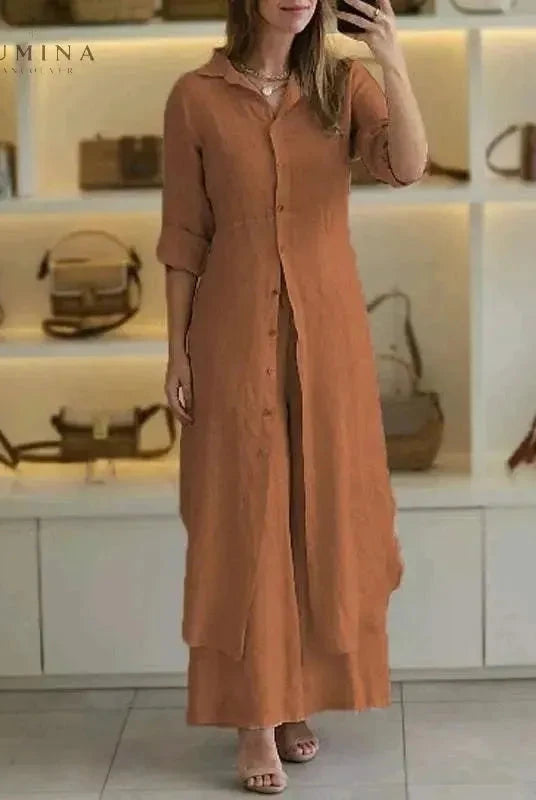 Vivenne luxury two-piece set by Lumina Wear, khaki spring fashion, stylish and comfortable for casual or dressy occasions.