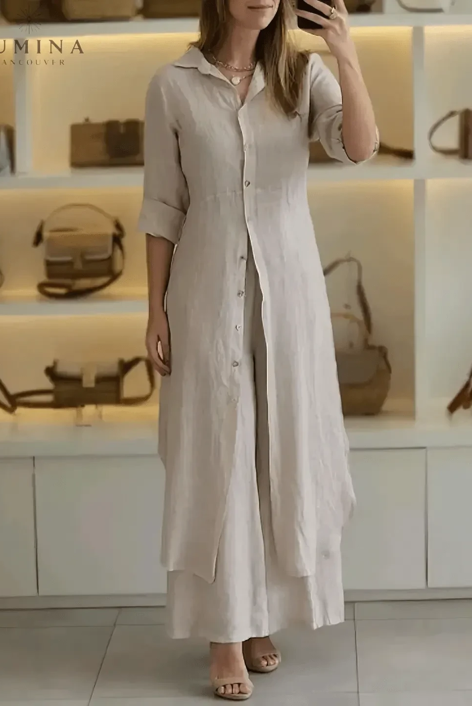Lumina Wear Vivenne luxury two-piece set in khaki, stylish spring fashion, featuring a coordinated top and skirt ensemble.