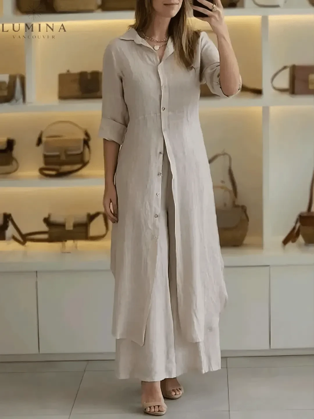 Lumina Wear Vivenne luxury two-piece set in khaki, stylish spring fashion, featuring a coordinated top and skirt ensemble.