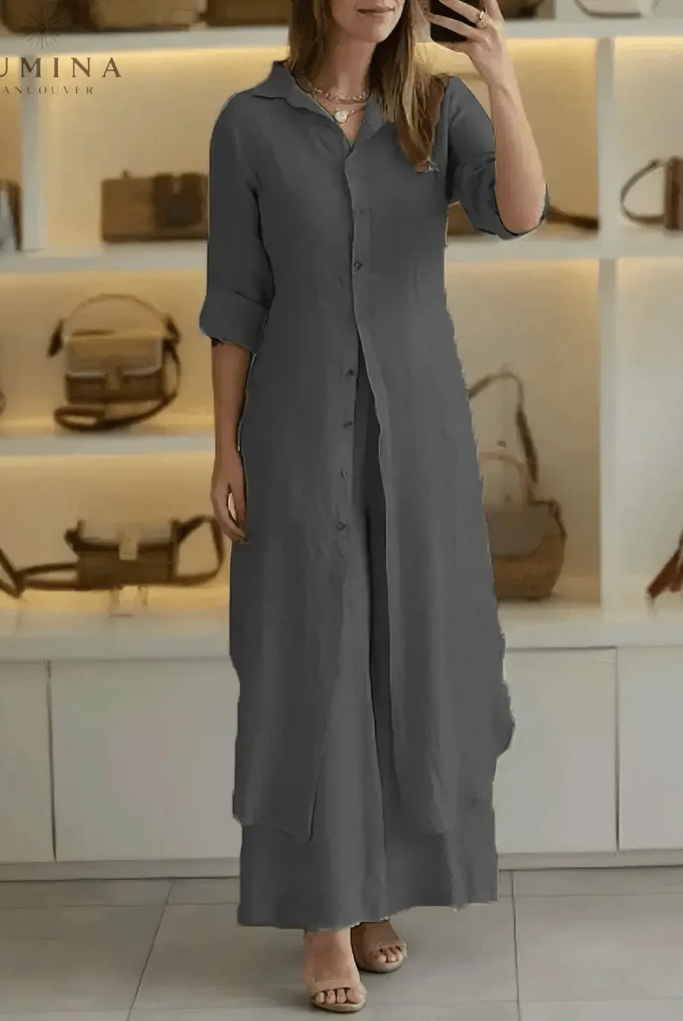 Vivenne luxury two-piece set by Lumina Wear in khaki, featuring a stylish spring 2-piece set with a modern, elegant design.