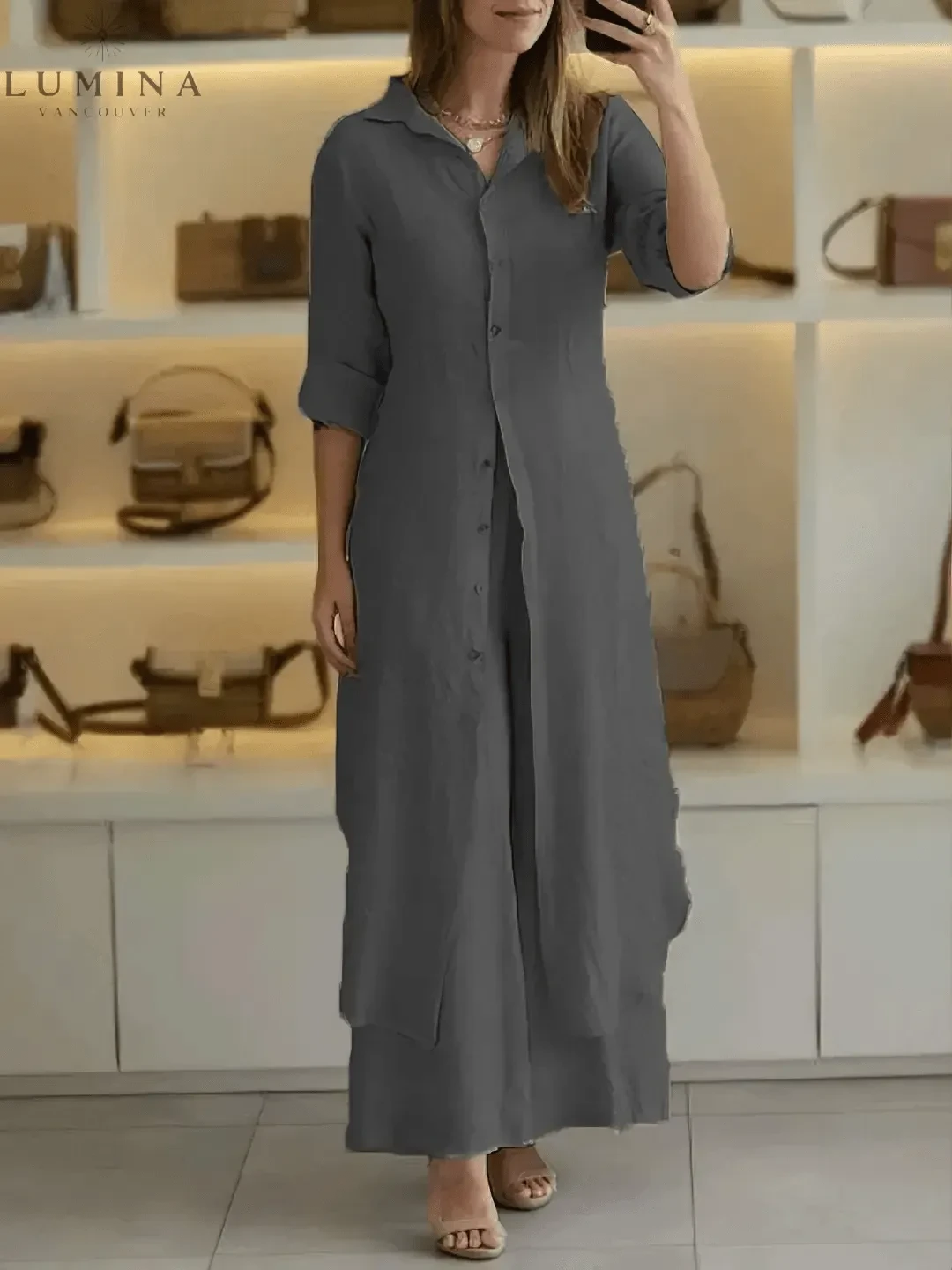 Vivenne luxury two-piece set by Lumina Wear in khaki, featuring a stylish spring 2-piece set with a modern, elegant design.
