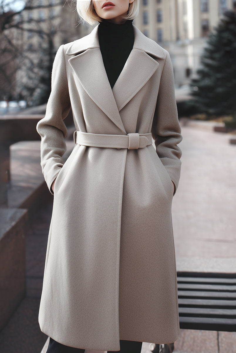 Taupe Vivian belted wool-blend coat by Lumina Vancouver, featuring a stylish design and tailored fit, displayed on a hanger.