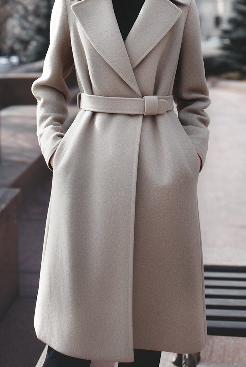 Taupe belted wool-blend coat by Lumina Vancouver, featuring a classic design, tailored fit, and stylish belt detail.