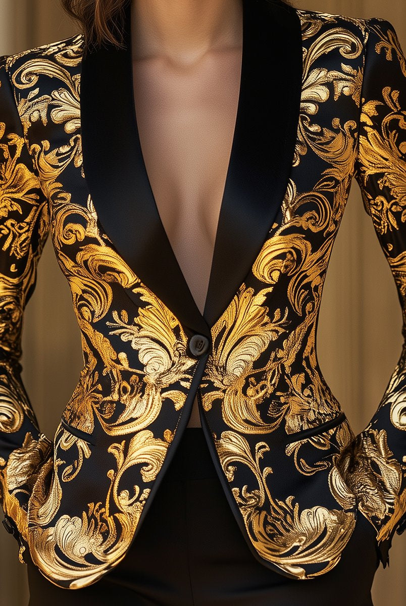 Vivian satin blazer by Lumina Wear featuring black and gold baroque floral print, tailored fit, and elegant design.