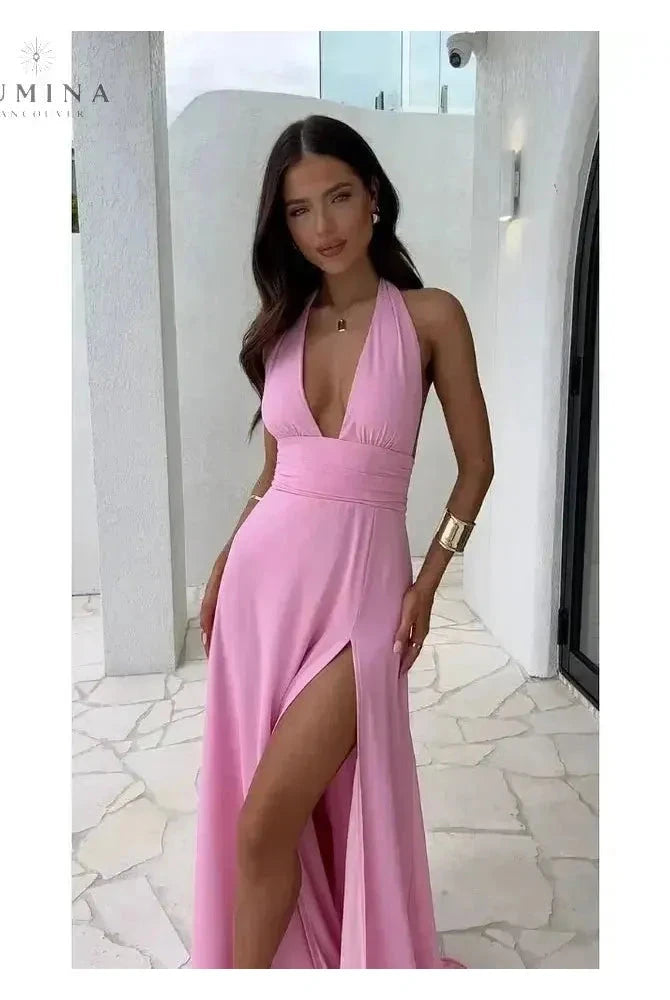 Pink Wendy elegant summer dress by Lumina Wear, perfect for wedding guest attire, featuring a flowing design and feminine style.