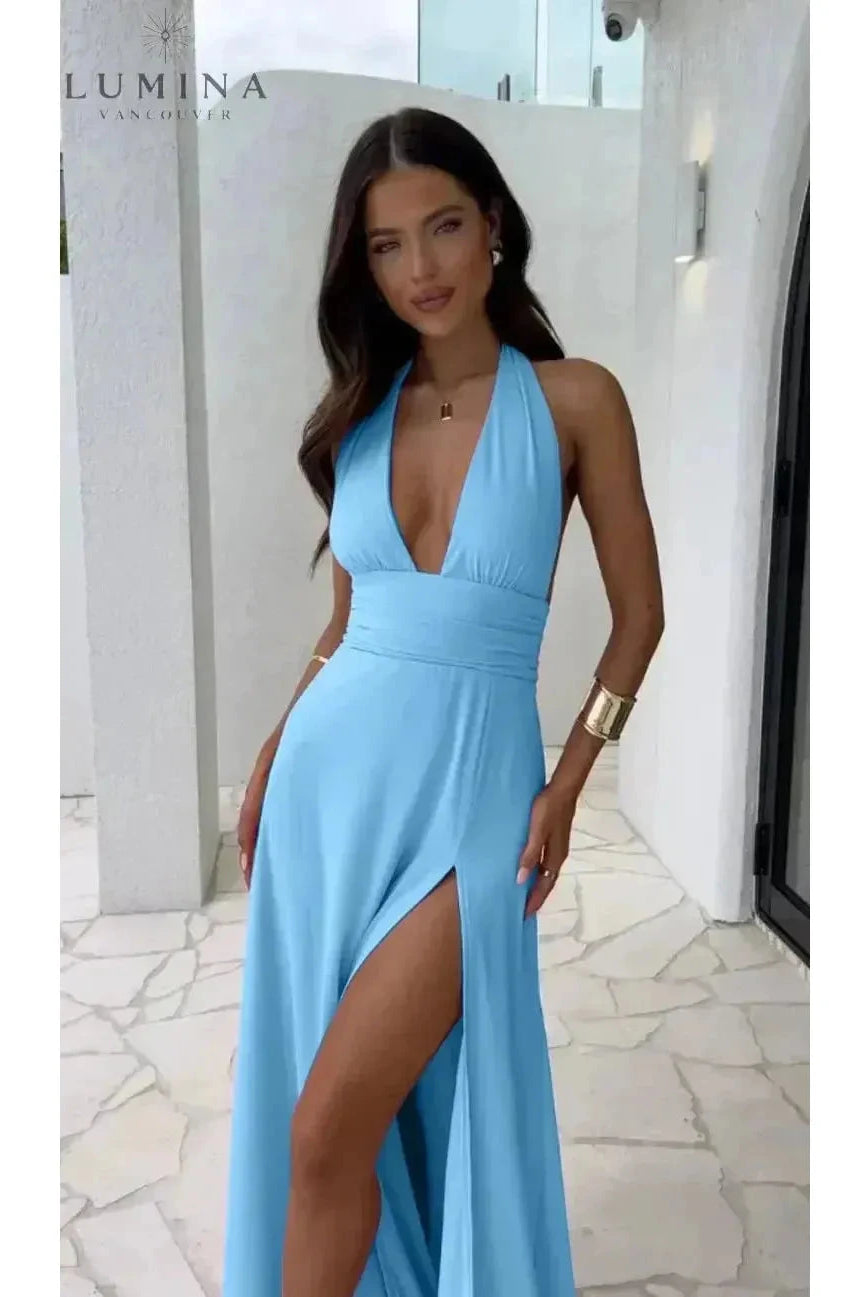 Pink Wendy elegant summer dress by Lumina Wear, perfect for wedding guests, shown on a model.