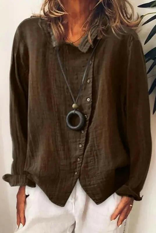 Women’s dark blue cotton casual long shirt by Lumina Wear, relaxed fit with button-front and long sleeves.