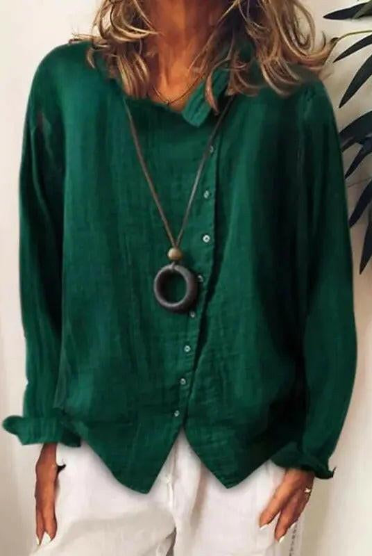 Dark blue women's cotton casual long shirt by Lumina Wear, featuring a relaxed fit and comfortable design.