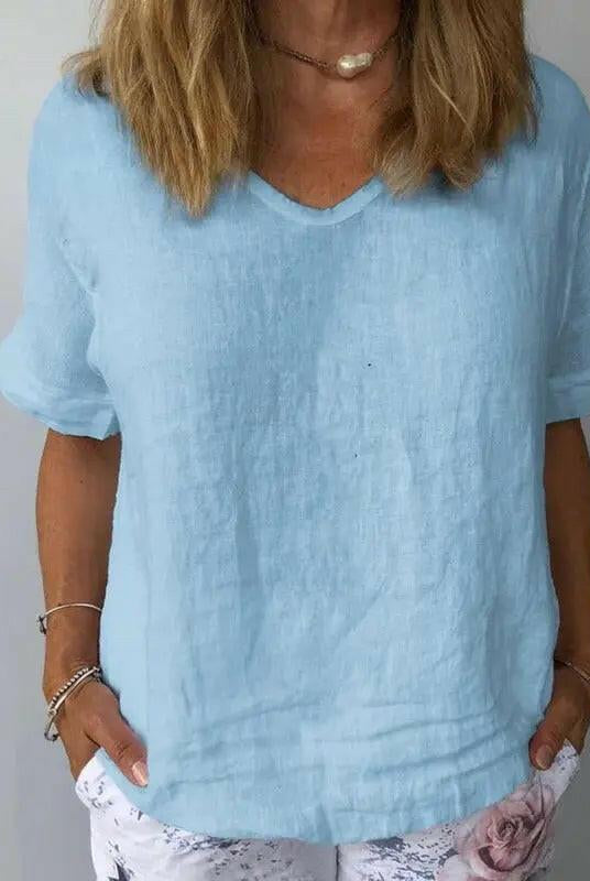 Light-blue women's cotton casual top by Lumina Wear, featuring a comfortable fit and simple design, perfect for everyday wear.