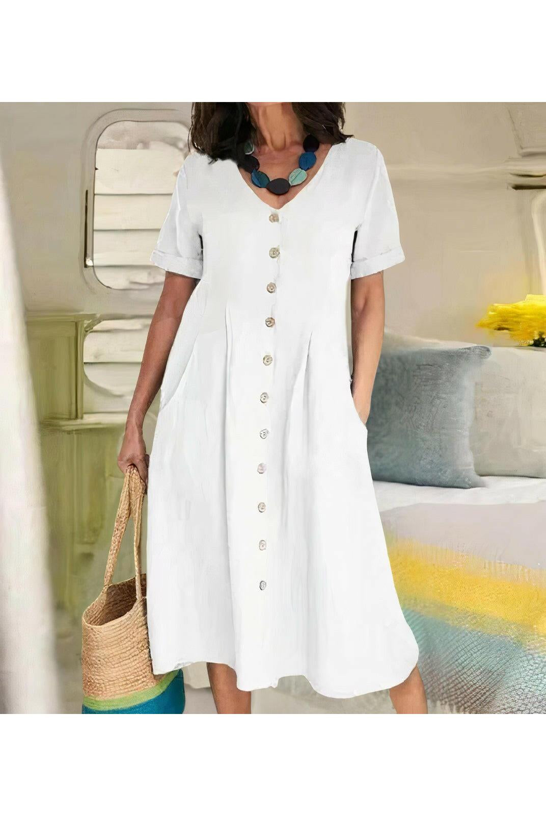 White Yasmin™ buttoned dress by Lumina Wear, featuring a sleek, effortless design perfect for casual or dressy occasions.