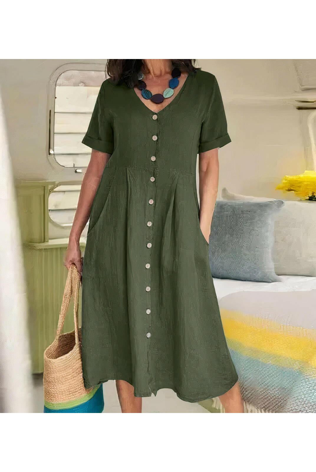 White Yasmin™ buttoned dress by Lumina Wear, stylish and effortless, shown on a model for sale in the dresses collection.