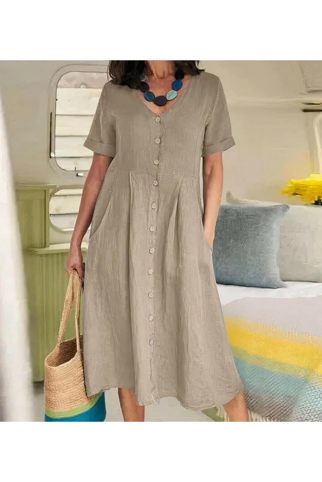 White Yasmin™ Effortless Buttoned Dress by Lumina Wear, shown on a model, perfect for stylish casual or semi-formal occasions.