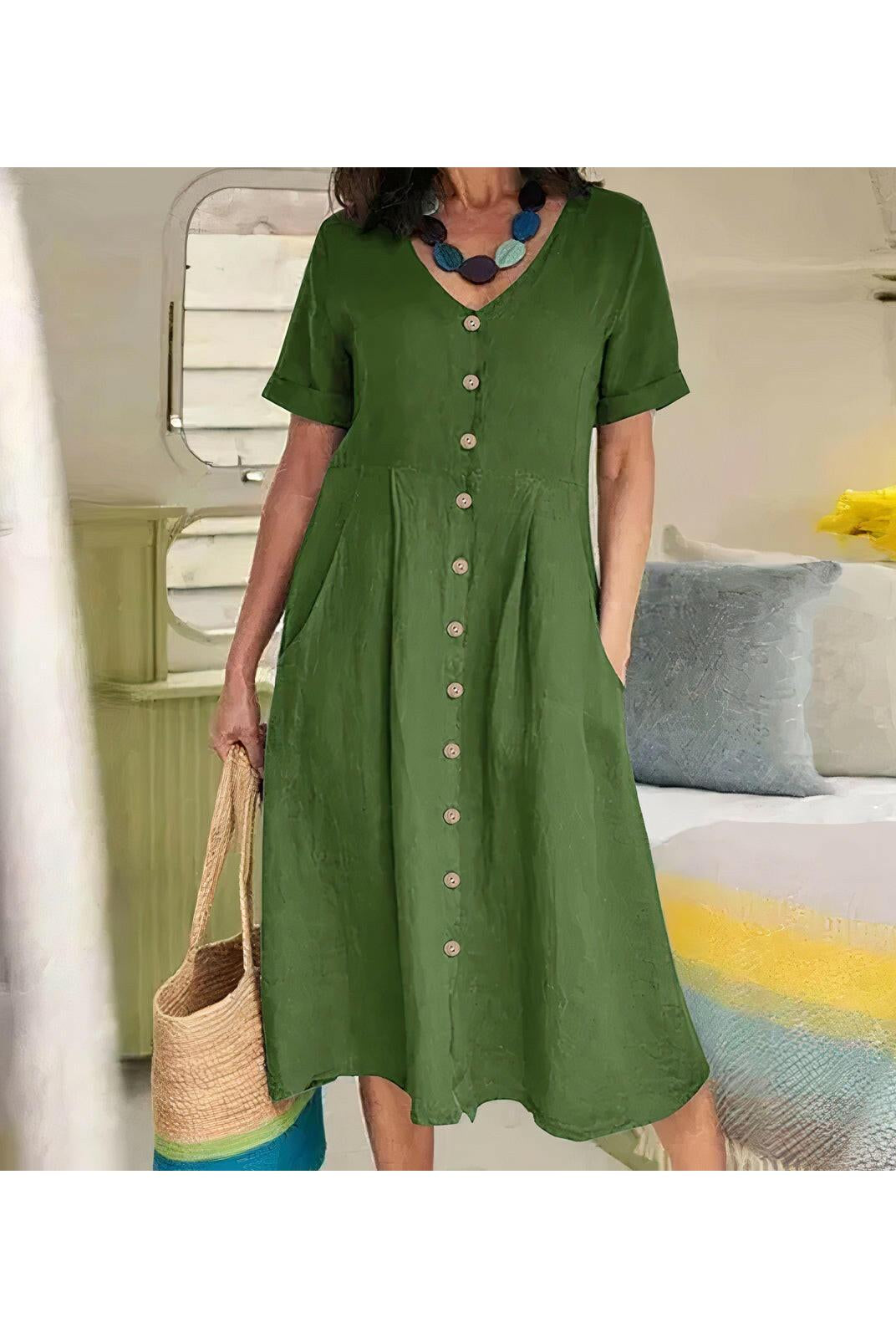 White Yasmin™ Effortless Buttoned Dress by Lumina Wear, styled with buttons, perfect for casual or semi-formal occasions.