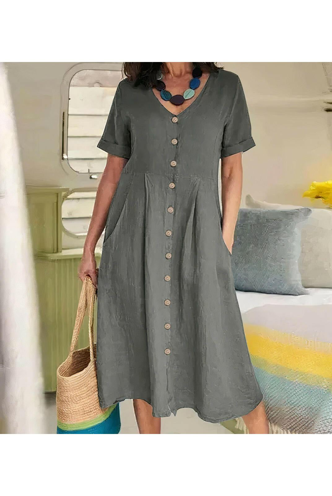 White Yasmin™ buttoned dress by Lumina Wear, featuring a stylish, effortless design perfect for casual or dressy occasions.