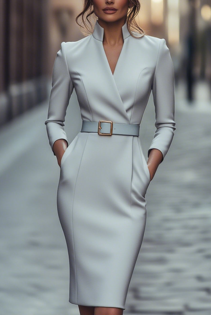 Black Lumina Wear belted sheath midi dress with mandarin collar, featuring a fitted silhouette and stylish design.