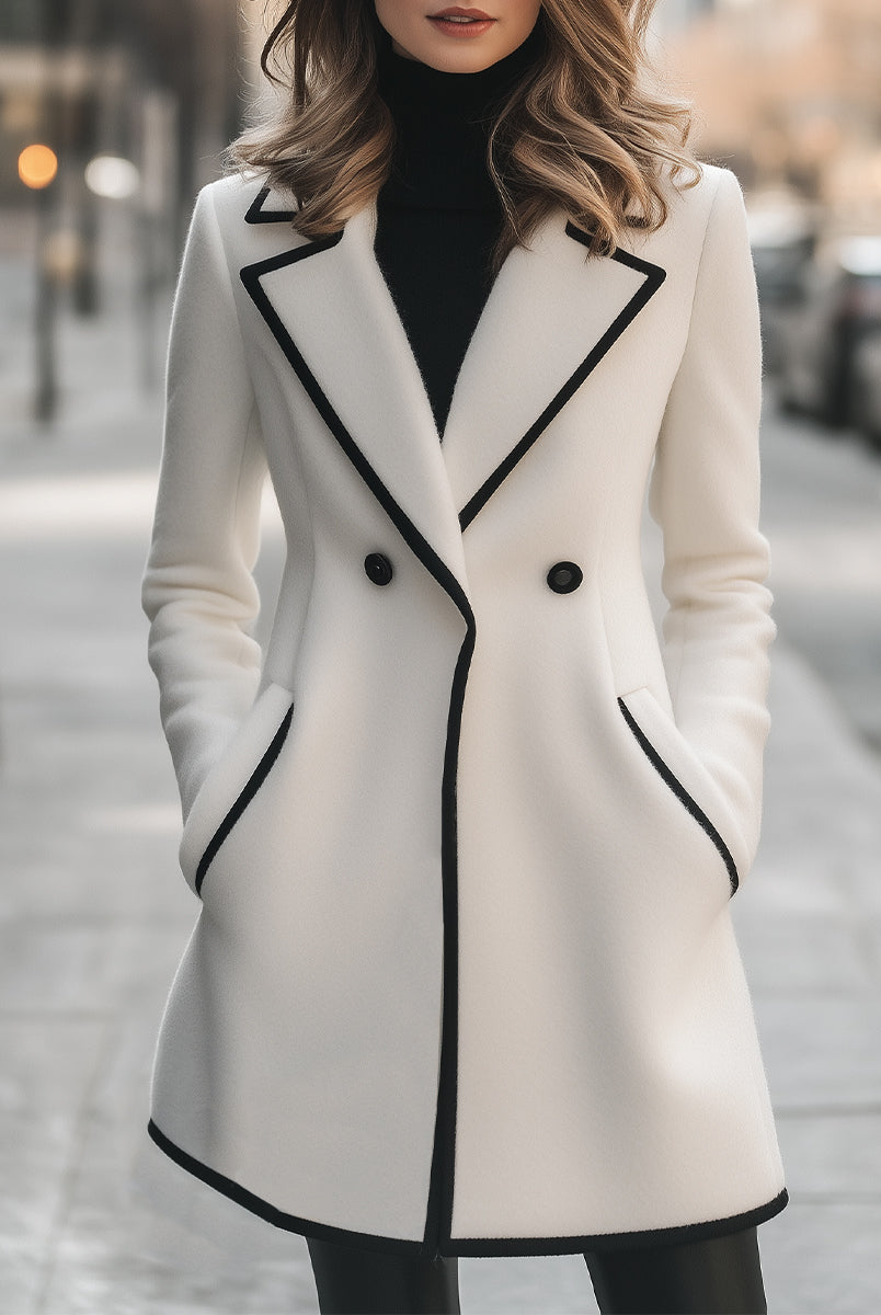 Lumina Wear Briony double-breasted white coat with trim, stylish women's coat shown on a model with a tailored fit and classic design.