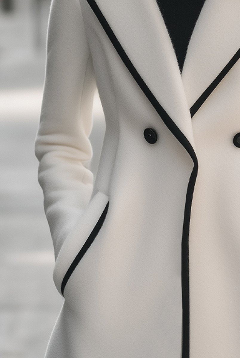 Lumina Wear Briony double-breasted white coat with trim, stylish and tailored for a modern, sophisticated look.