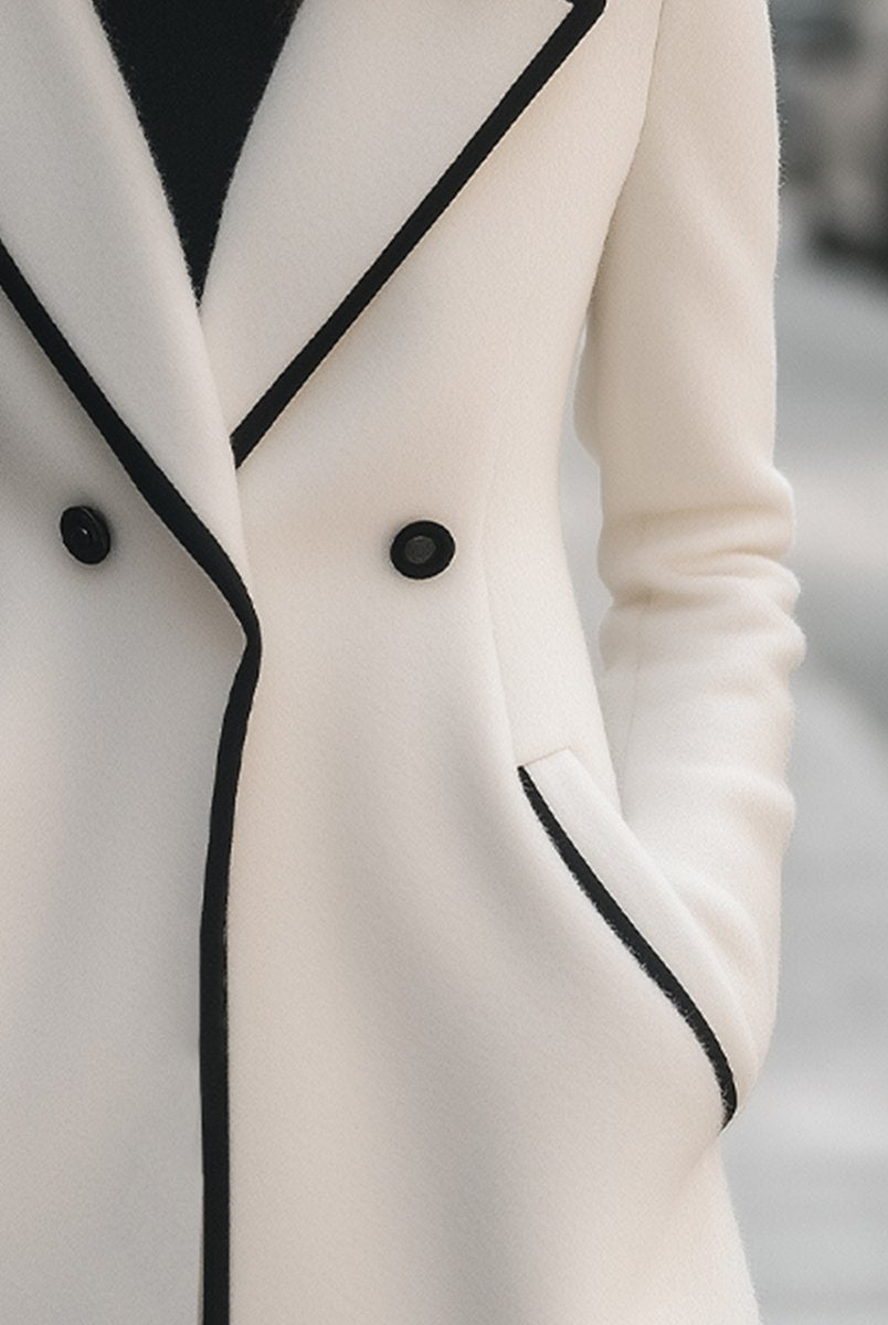 Lumina Wear Briony double-breasted white coat with trim, stylish outerwear for women, displayed on a model.