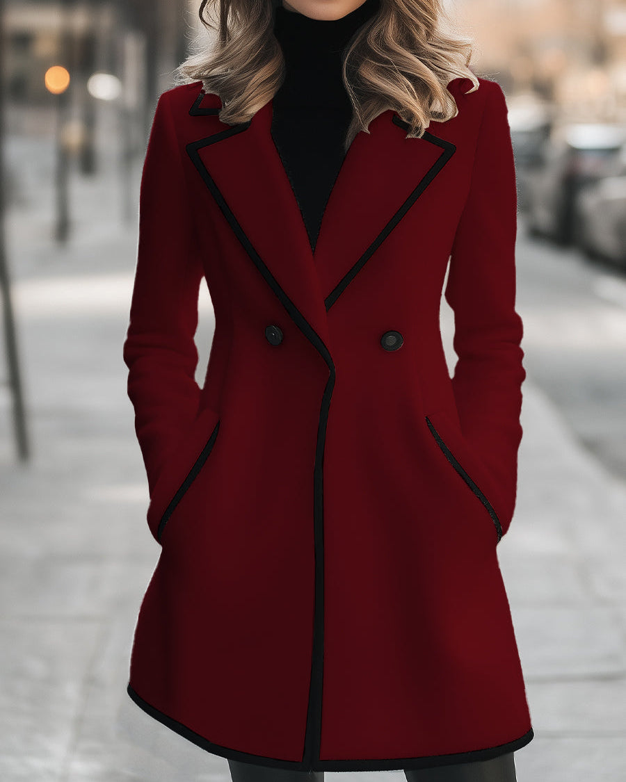 Lumina Wear Briony double-breasted white coat with trim, stylish and tailored, displayed on a model.